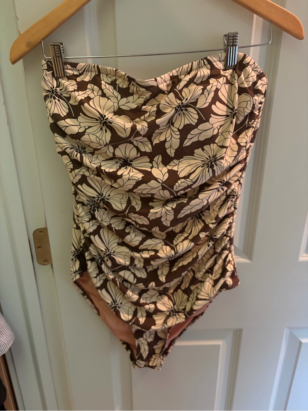 J. Crew Strapless Floral Ruched One-Piece in Brown and Cream